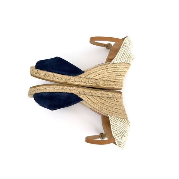 Kanna Espadrille Sandals 8 Blue Suede Peep-Toe Ankle Strap Jute Wedge Spain - Picture 10 of 15